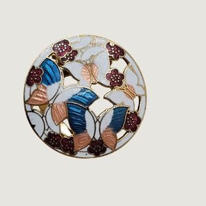 Vintage Cloisonne Enamel Butterfly Floral Scarf Clip Gold Tone Round Blue 1970s